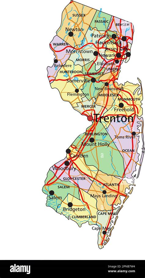 New Jersey Highly Detailed Editable Political Map With Labeling Stock