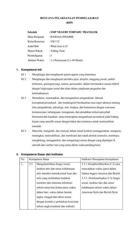 Rpp Telling Time Learning Planning Of Grade 7 Rencana Pelaksanaan Pembelajaran Rpp Sekolah