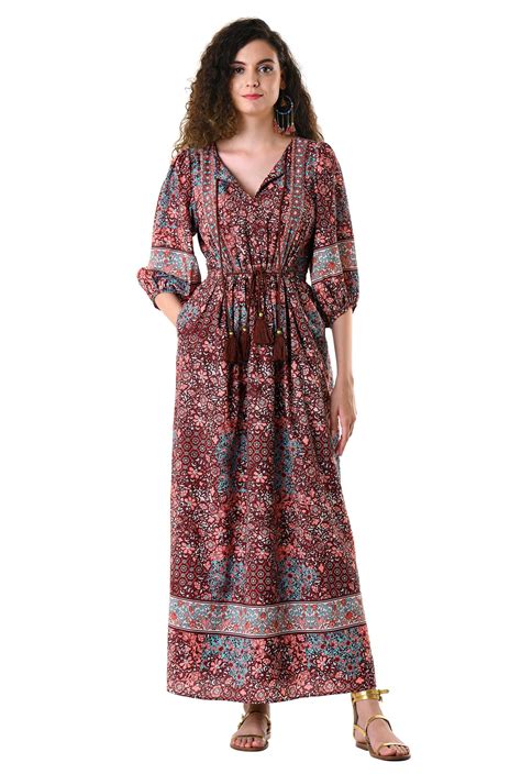 Shop Graphic Floral Print Crepe Tassel Tie Maxi Dress Eshakti