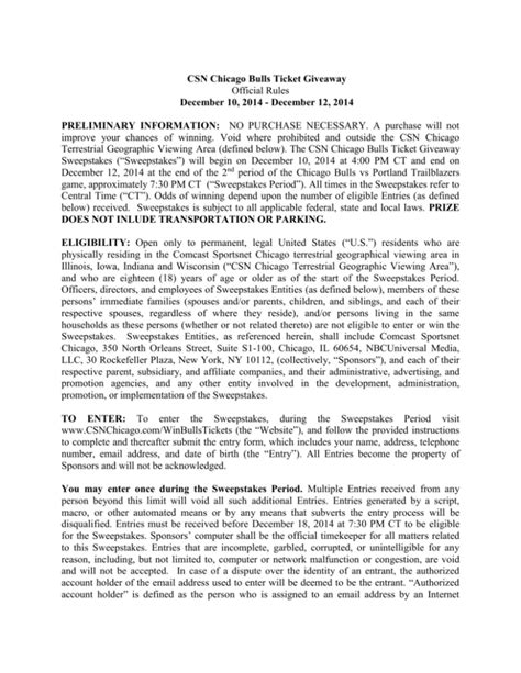 CSN Chicago Bulls Ticket Giveaway Official Rules December 10
