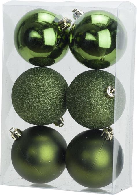 6x Appelgroene Kunststof Kerstballen 8 Cm Mat Glans Glitter