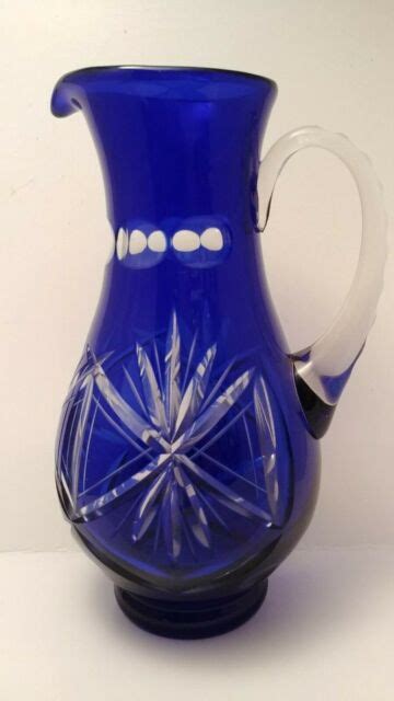 Antique Large Czech Czechoslovakia Bohemian Cobalt Blue Cut Art Glass Pitcher Ebay