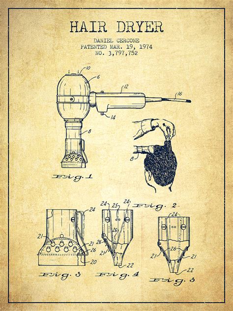 Hair Dryer patent from 1974 - Vintage Digital Art by Aged Pixel