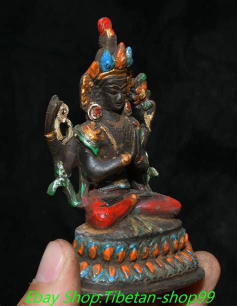 4 Old Tibet Bronze Painted 4 Arm Kwan Yin GuanYin Quanyin Goddess