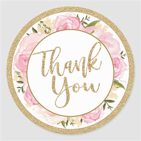 Pink And Gold Flower Wedding Thank You Round Sticker Zazzle Floral