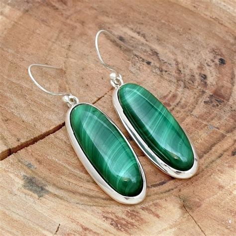 Sterling Silver Large Malachite Earrings Etsy