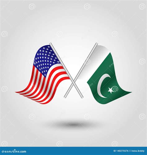 Vector Two Crossed American Pakistani Flags On Silver Sticks Symbol