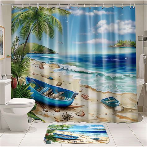 Ocean Paradise Bathroom Set Beach Scene With Palm Trees Blue Boat