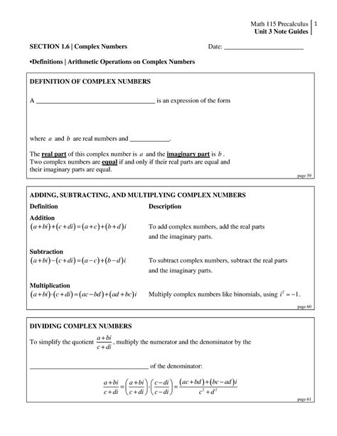 Unit 3 Note Guides 1 Math 115 Precalculus Unit 3 Note Guides Section 1 Complex Numbers Date