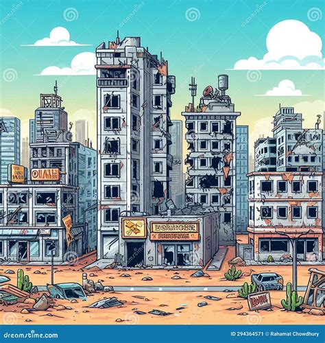 Cartoon Destroyed City Building After Natural Disaster Or War