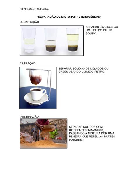 Separação De Misturas 6 Ano - Atividade Adaptada 6 Ano Separação de Misturas Heterogêneas | PDF