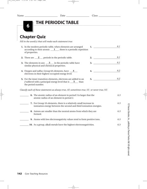 Pearson Chemistry Chapter 6 The Periodic Table Answers Elcho Table