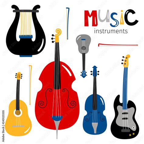 Vector Stringed Musical Instruments Icons Isolated On White Background