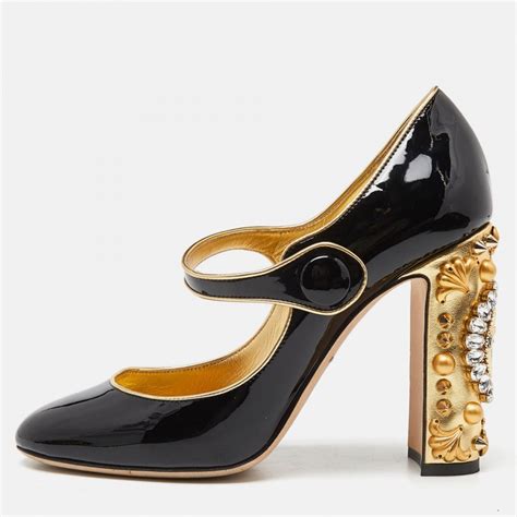 Dolce Gabbana Black Patent Leather Crystal Embellished Block Heel