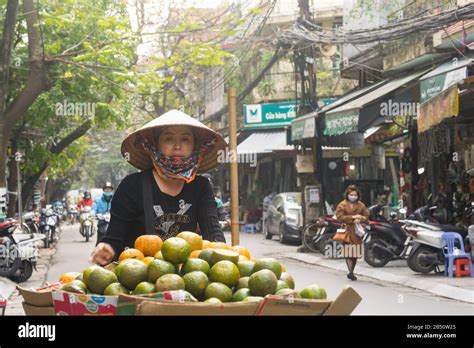 Hanoi Street Vendor A Woman Street Vendor Pushing Her Bicycle On The Street In Hanoi Vietnam