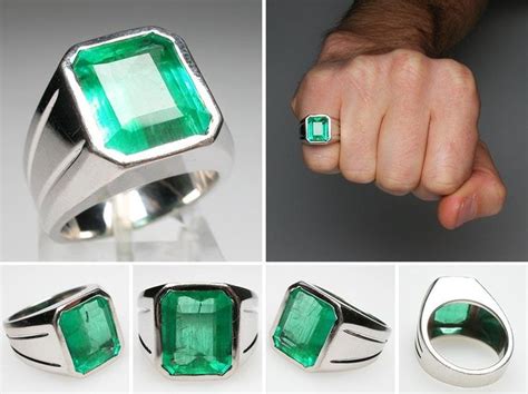 Vintage Mens Natural Emerald Ring Solid 14K White Gold EraGem