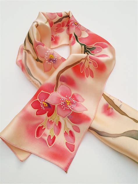 Small Hand Painted Silk Scarf Cherry Blossoms Christmas Gift Gift For