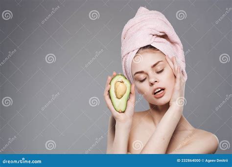 Beautiful Woman With Naked Body Clean Skin Avocado Posing Close Up