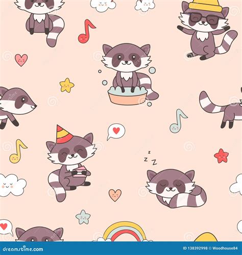 Kawaii Raccoon Seamless Pattern Cute Animals Background For Nursery