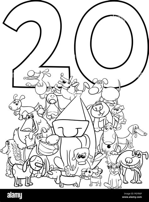 Black and White Cartoon Illustration of Number Twenty and Dogs Animal ...