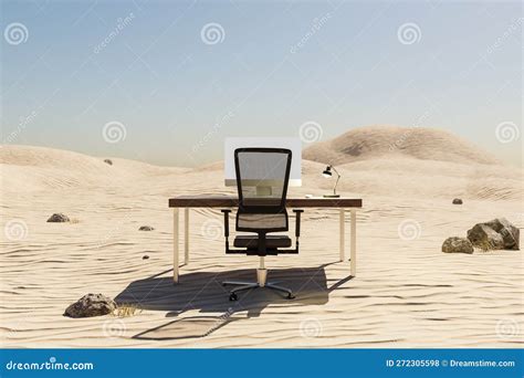 Lonely Pc Workplace In Large Desert Environment Remote Work And Digital