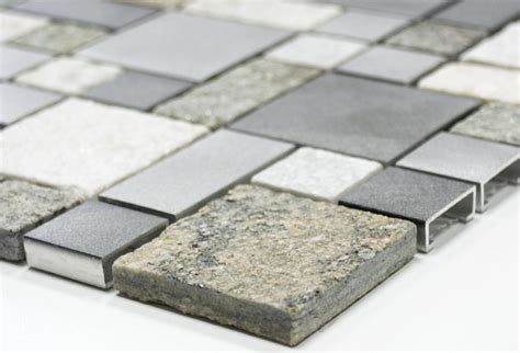 Mosaik Fliese Quarzit Naturstein Aluminium Silber Grau Hellbeige