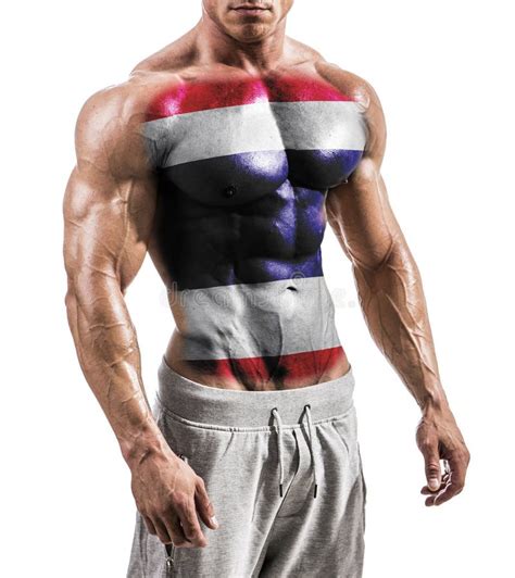 Shirtless Muscular Man With Thailand Flag Painted On Naked Chest Stock