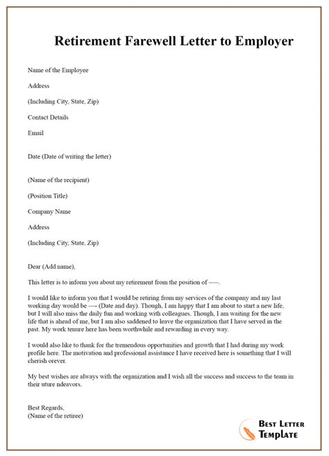 Retirement Farewell Letter Template Format Sample Example