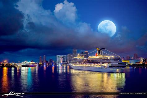 Miami Skyline and Cruise Ship Moon Set Port of Miami