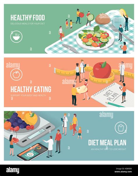 Nutrition Diet And Healthy Lifestyle Banners Set People Preparing Food