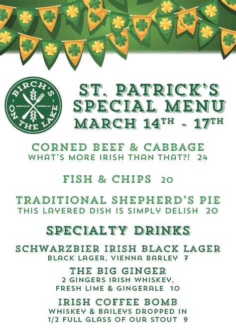 St Patricks Day Irish Fare Menu Birchs On The Lake