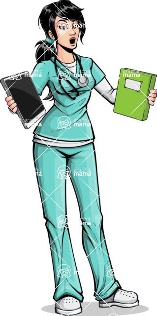 Pop Art Style Female Nurse Cartoon Character Choosing Between Book