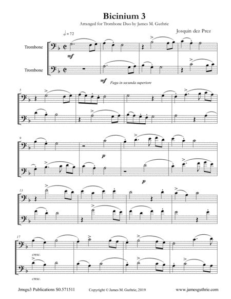 Josquin Bicinium 3 For Trombone Duo Arr James M Guthrie By Josquin