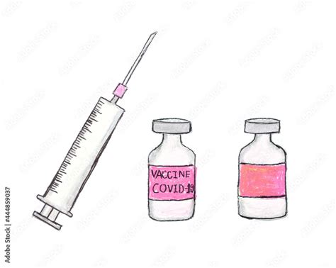 syringe and COVID-19 vaccine drawing with crayon on white paper, COVID ...