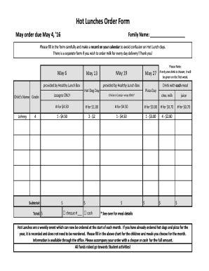 Fillable Online Bellevillechristianschool Hot Lunches Order Form