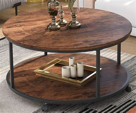 Rustic Style Coffee Table Round Coffee Table With Casters And Wood Textured Surface For Living