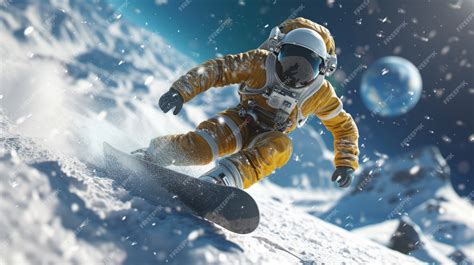 Free Photo Astronaut With Spacesuit On Practicing Snowboarding On The Moon