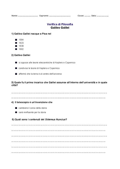 Test Galilei Rivisto Verifica Di Filosofia Galileo Galilei 1 Galileo