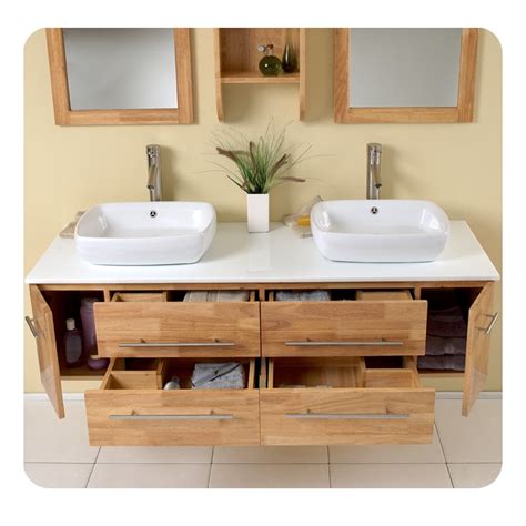 Fresca Bellezza Natural Wood Modern Double Vessel Sink Bathroom Vanity