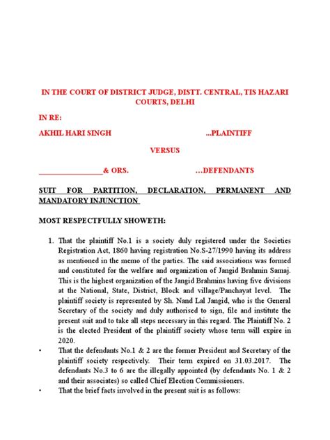 Suit For Partition Declaration Permanent And Mandatory Injunction