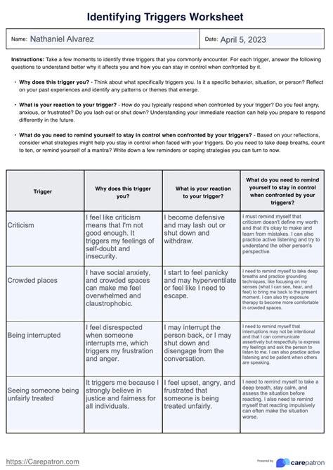 Dbt Triggers Worksheet - DBT Worksheets