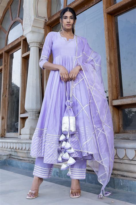 Buy Purple Cotton Silk Embroidered Gota Notched Anarkali Pant Set For