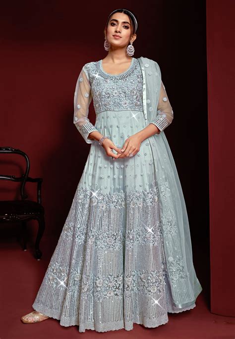 Sky Blue Net Long Anarkali Suit 258760