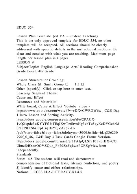 Educ Lesson Plan Template Edtpa Student Teaching This Pdf