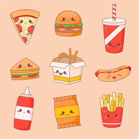 Comida Rápida Basura Kawaii Cute Face Set Vector Premium