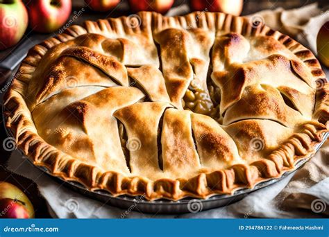 A Close Up Of A Perfectly Baked Apple Pie With A Golden Flaky Crust