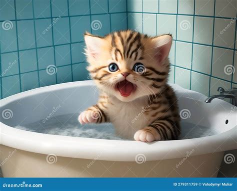 A Cute Little Kitten Is Bathing In The Bathtub The Concept Of Cleanliness And Health Stock