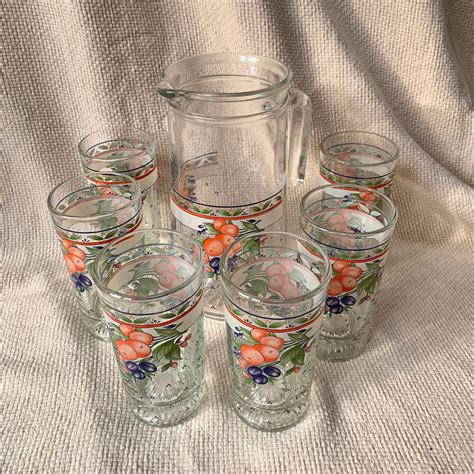 Vintage Glass Pitcher Jug And Glasses Tumblers Set Fruit Etsy