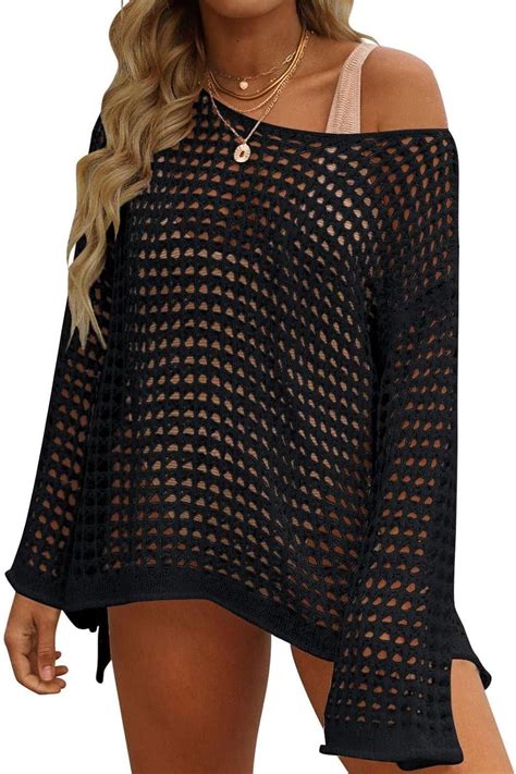 Pulipuqi Crochet Cover Ups For Women Long Sleeve Bathing Suit Summer