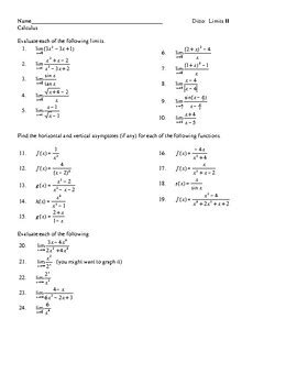 Ap Calculus Worksheet Limits Ii By Trfish Enterprises Tpt